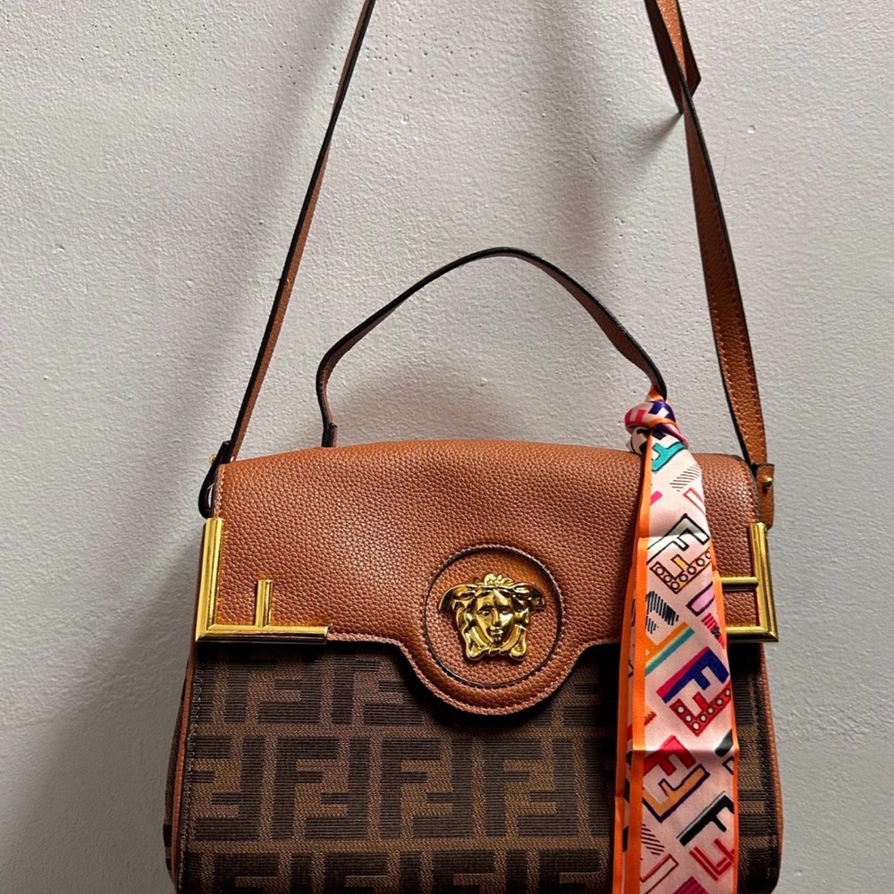 Versace Brown Leather & Monogram Shoulder Bag with Multicolor Scarf
